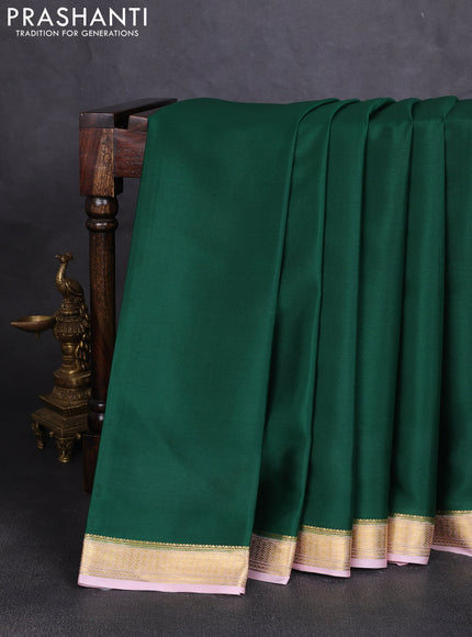 Pure mysore silk saree green and baby pink with plain body and zari woven border