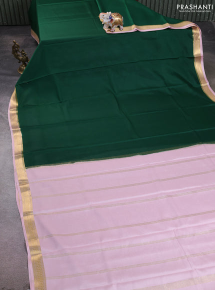 Pure mysore silk saree green and baby pink with plain body and zari woven border