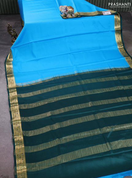 Pure mysore silk saree teal blue and bottle green with plain body and zari woven border