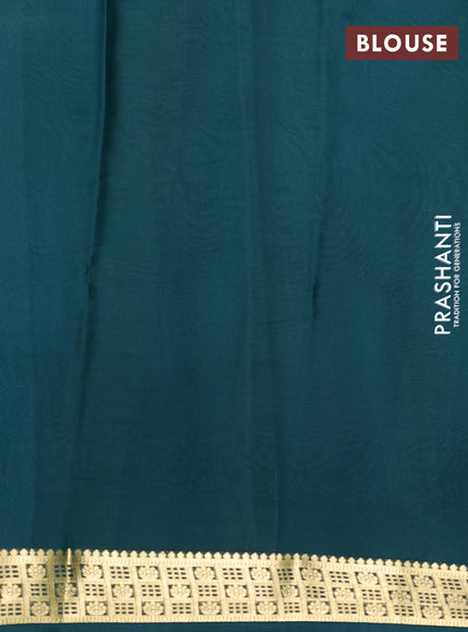 Pure mysore silk saree teal blue and bottle green with plain body and zari woven border