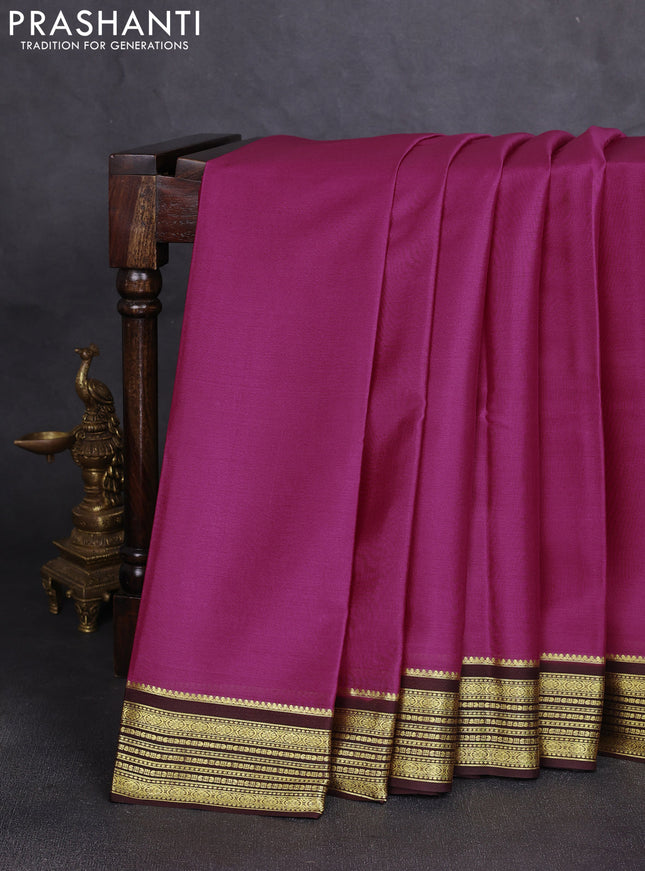 Pure mysore silk saree peach pink and coffee brown with plain body and zari woven border