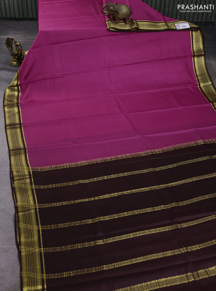 Pure mysore silk saree peach pink and coffee brown with plain body and zari woven border