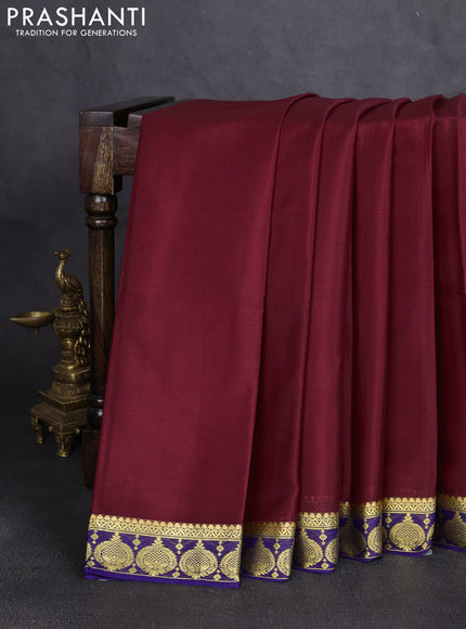 Pure mysore silk saree deep maroon and navy blue with plain body and zari woven butta border
