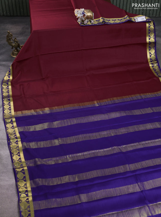 Pure mysore silk saree deep maroon and navy blue with plain body and zari woven butta border