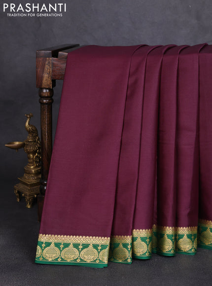 Pure mysore silk saree deep wine and green with plain body and zari woven butta border