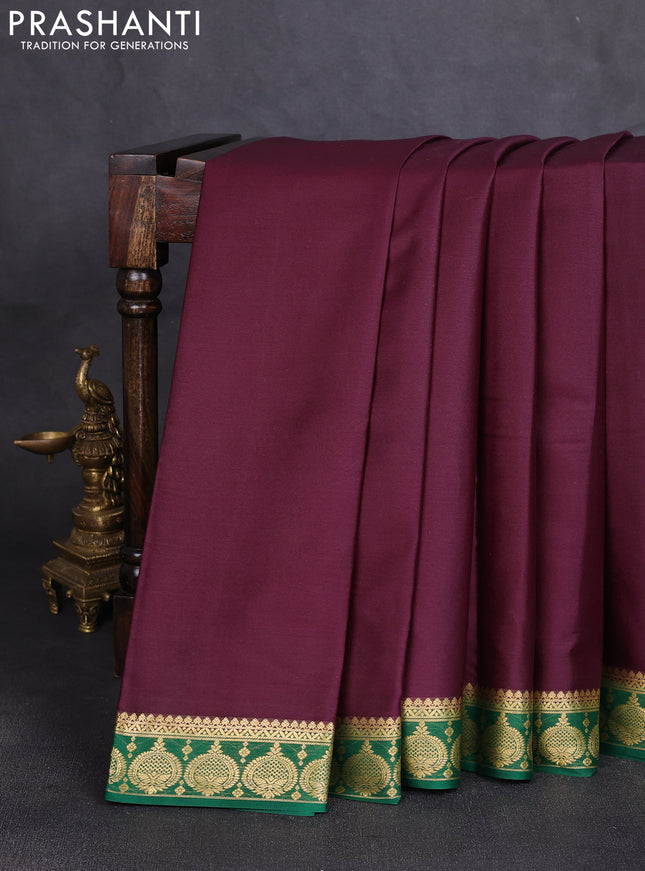 Pure mysore silk saree deep wine and green with plain body and zari woven butta border