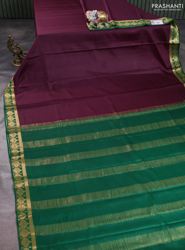 Pure mysore silk saree deep wine and green with plain body and zari woven butta border