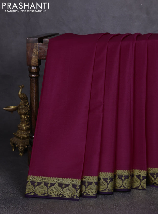 Pure mysore silk saree dark pink and violet with plain body and zari woven butta border