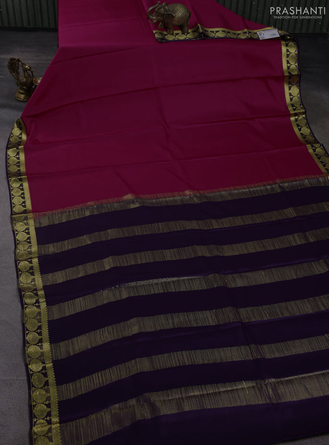 Pure mysore silk saree dark pink and violet with plain body and zari woven butta border