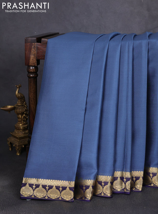Pure mysore silk saree grey and navy blue with plain body and zari woven border