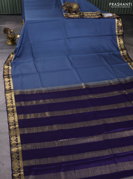 Pure mysore silk saree grey and navy blue with plain body and zari woven border