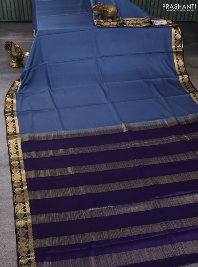 Pure mysore silk saree grey and navy blue with plain body and zari woven border