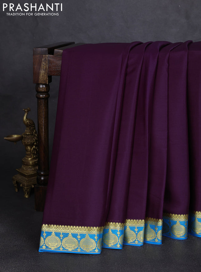 Pure mysore silk saree deep violet and cs blue with plain body and zari woven butta border