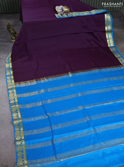 Pure mysore silk saree deep violet and cs blue with plain body and zari woven butta border