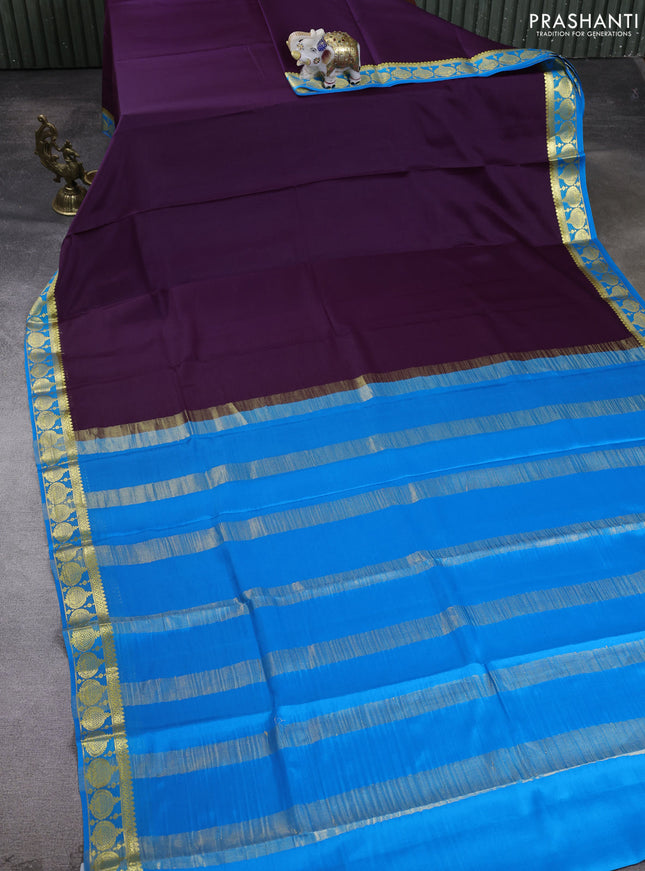 Pure mysore silk saree deep violet and cs blue with plain body and zari woven butta border