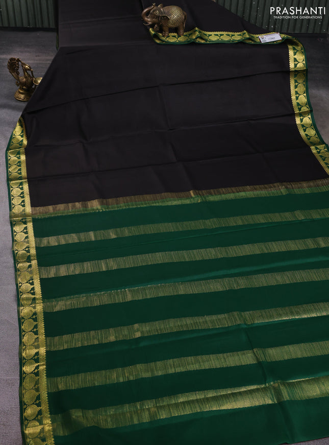 Pure mysore silk saree black and green with plain body and zari woven butta border