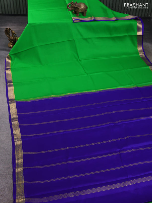 Pure mysore silk saree light green and royal blue with plain body and zari woven border