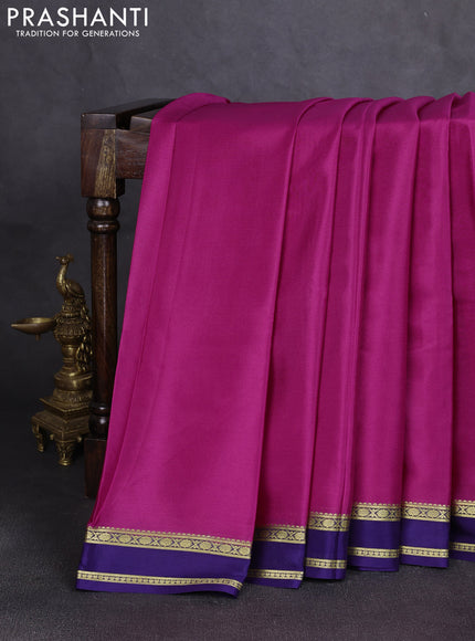 Pure mysore silk saree dark pink and navy blue with plain body and zari woven border
