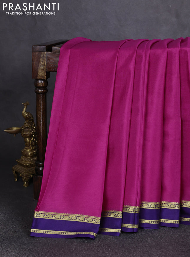 Pure mysore silk saree dark pink and navy blue with plain body and zari woven border