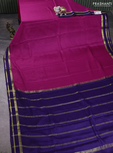 Pure mysore silk saree dark pink and navy blue with plain body and zari woven border