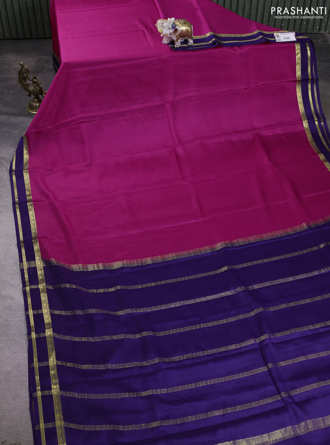 Pure mysore silk saree dark pink and navy blue with plain body and zari woven border