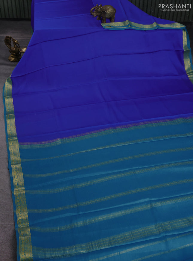 Pure mysore silk saree royal blue and teal blue with plain body and zari woven border