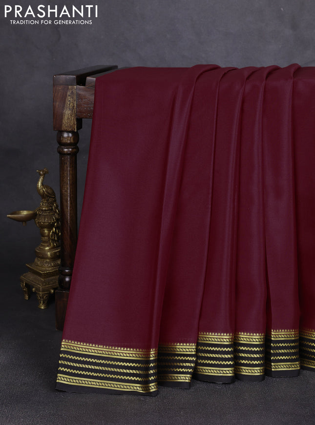 Pure mysore silk saree deep wine and black with plain body and zari woven border
