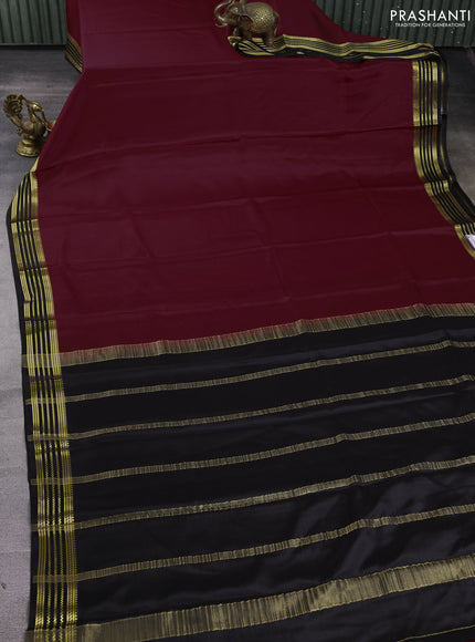 Pure mysore silk saree deep wine and black with plain body and zari woven border