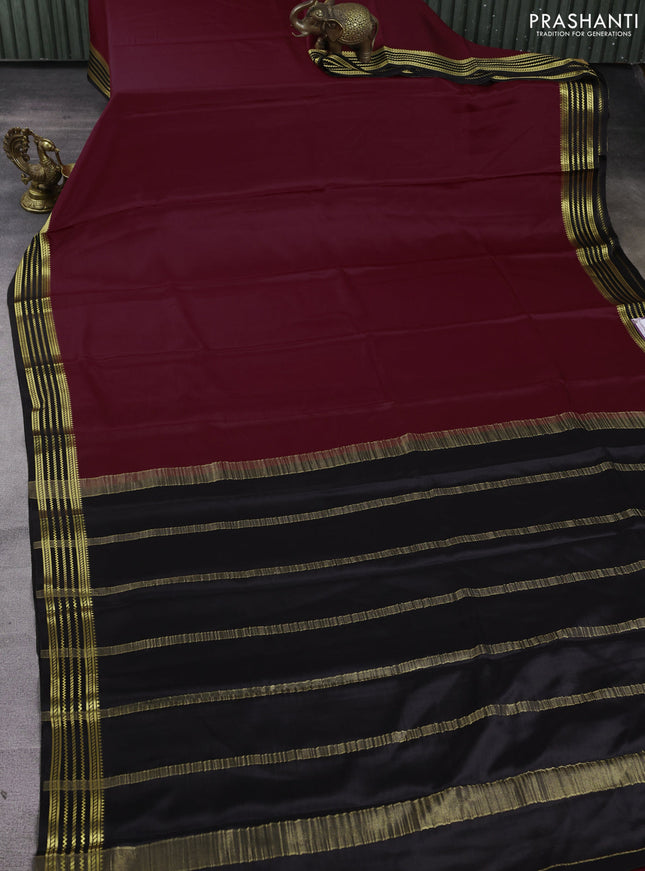 Pure mysore silk saree deep wine and black with plain body and zari woven border