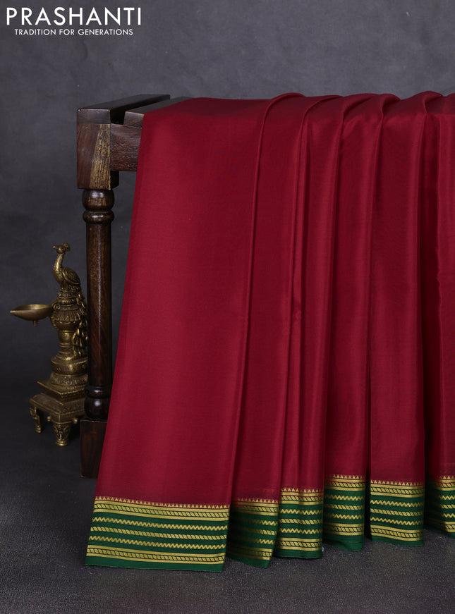 Pure mysore silk saree red and green with plain body and zari woven border
