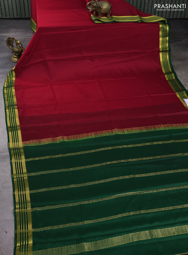 Pure mysore silk saree red and green with plain body and zari woven border