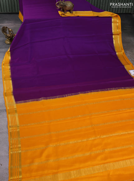 Pure mysore silk saree violet and mustard yellow with plain body and zari woven border