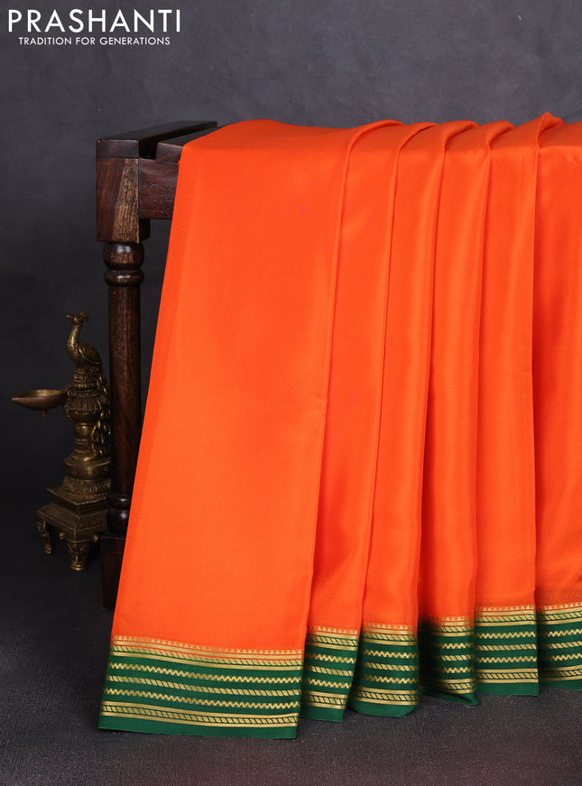 Pure mysore silk saree orange and green with plain body and zari woven border