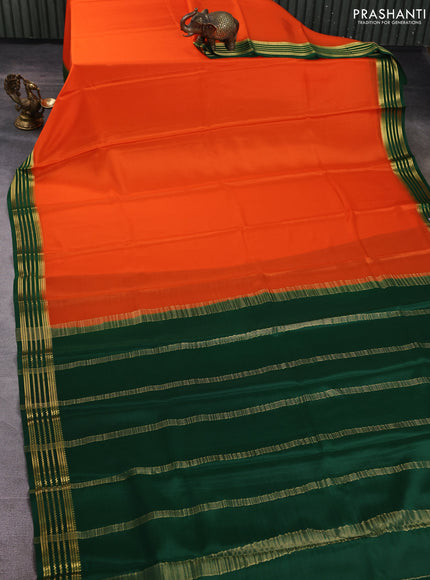 Pure mysore silk saree orange and green with plain body and zari woven border