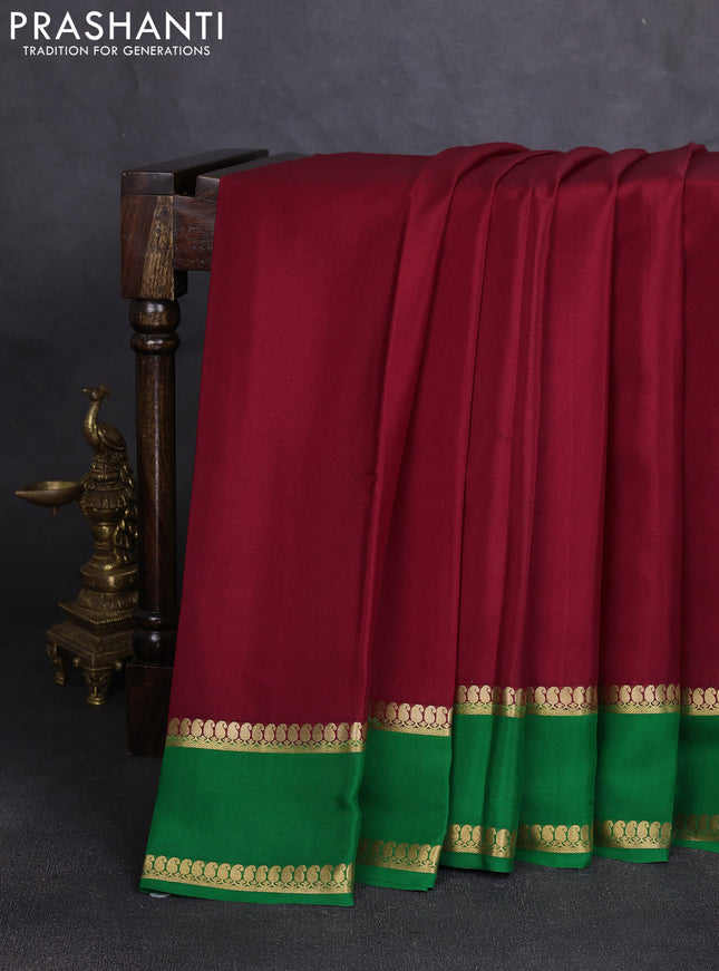 Pure mysore silk saree maroon and green with plain body and rettapet zari woven border