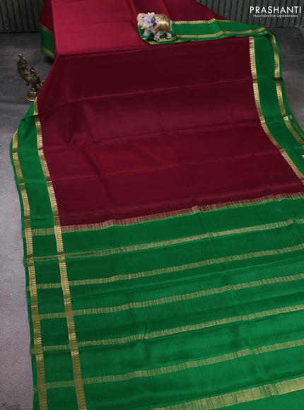 Pure mysore silk saree maroon and green with plain body and rettapet zari woven border