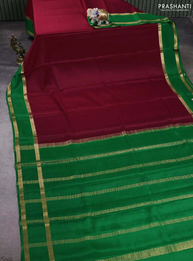 Pure mysore silk saree maroon and green with plain body and rettapet zari woven border
