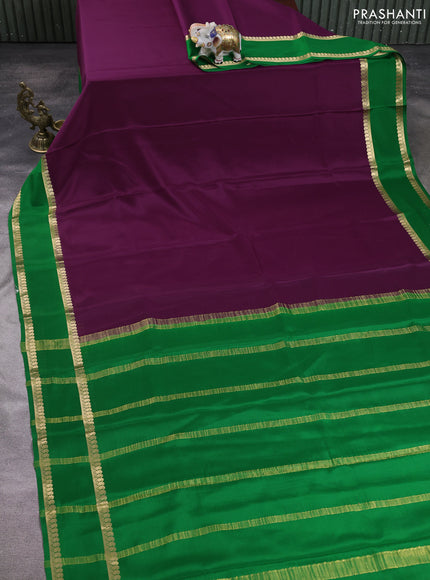 Pure mysore silk saree deep wine shade and green with plain body and rettapet zari woven border