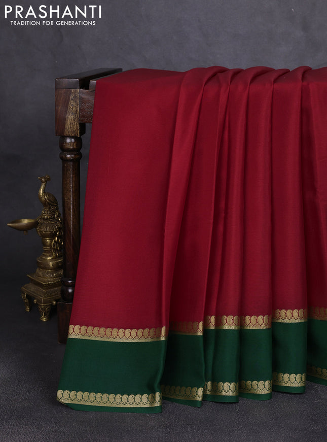 Pure mysore silk saree maroon and bottle green with plain body and rettapet zari woven border
