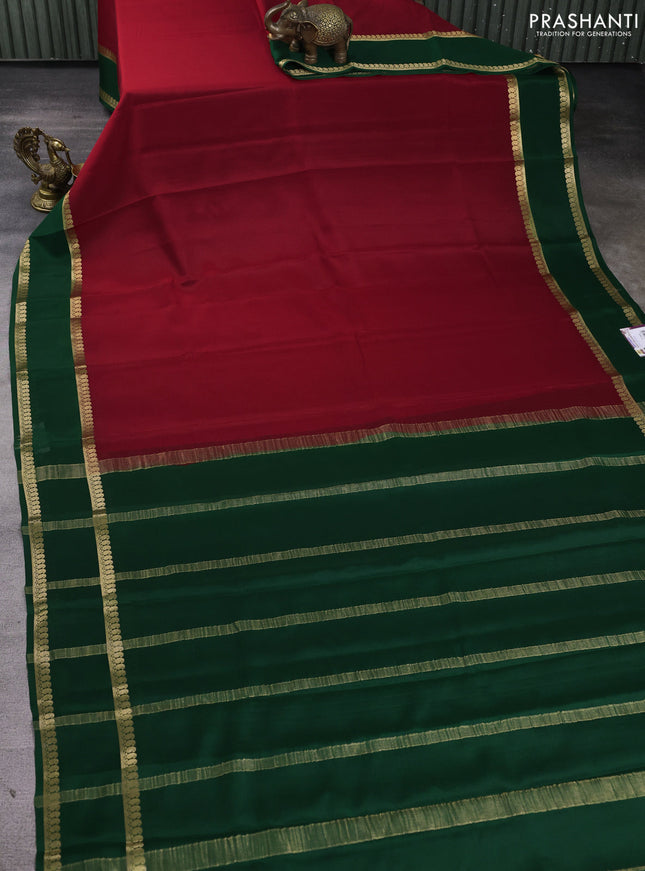 Pure mysore silk saree maroon and bottle green with plain body and rettapet zari woven border