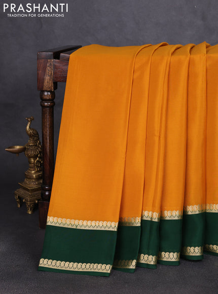 Pure mysore silk saree mustard yellow and bottle green with plain body and rettapet zari woven border