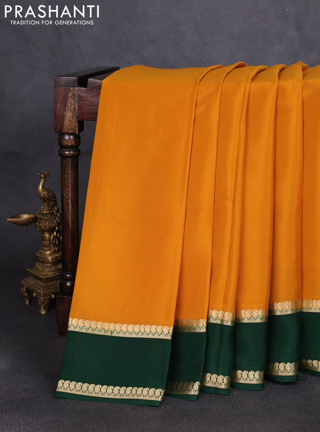Pure mysore silk saree mustard yellow and bottle green with plain body and rettapet zari woven border
