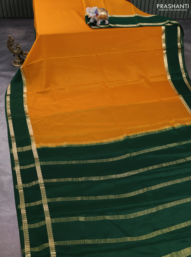 Pure mysore silk saree mustard yellow and bottle green with plain body and rettapet zari woven border