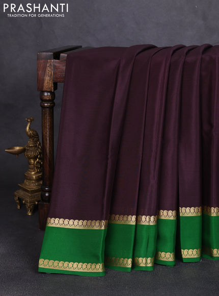 Pure mysore silk saree deep wine shade and green with plain body and rettapet zari woven border