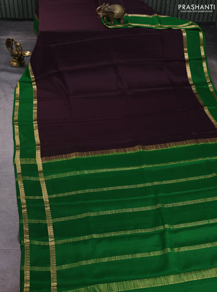 Pure mysore silk saree deep wine shade and green with plain body and rettapet zari woven border