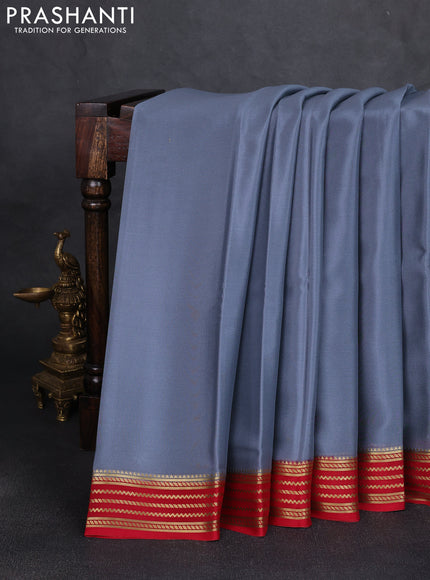 Pure mysore silk saree grey and red with plain body and zari woven border