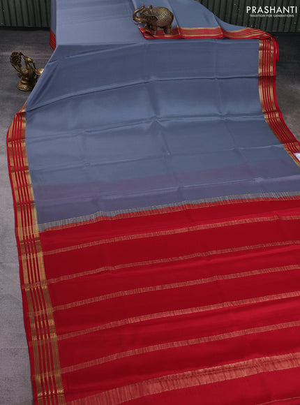 Pure mysore silk saree grey and red with plain body and zari woven border