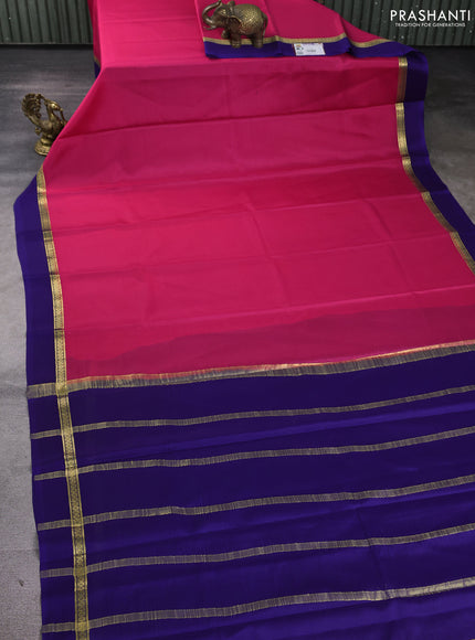 Pure mysore silk saree pink and blue with plain body and zari woven simple border