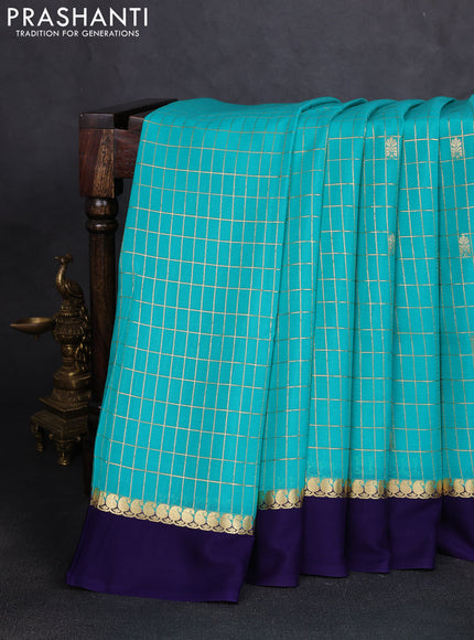 Pure mysore silk saree teal green and navy blue with allover zari checked pattern and zari woven simple border