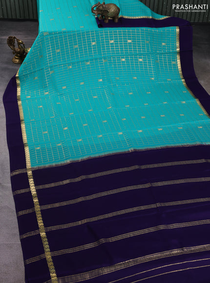 Pure mysore silk saree teal green and navy blue with allover zari checked pattern and zari woven simple border